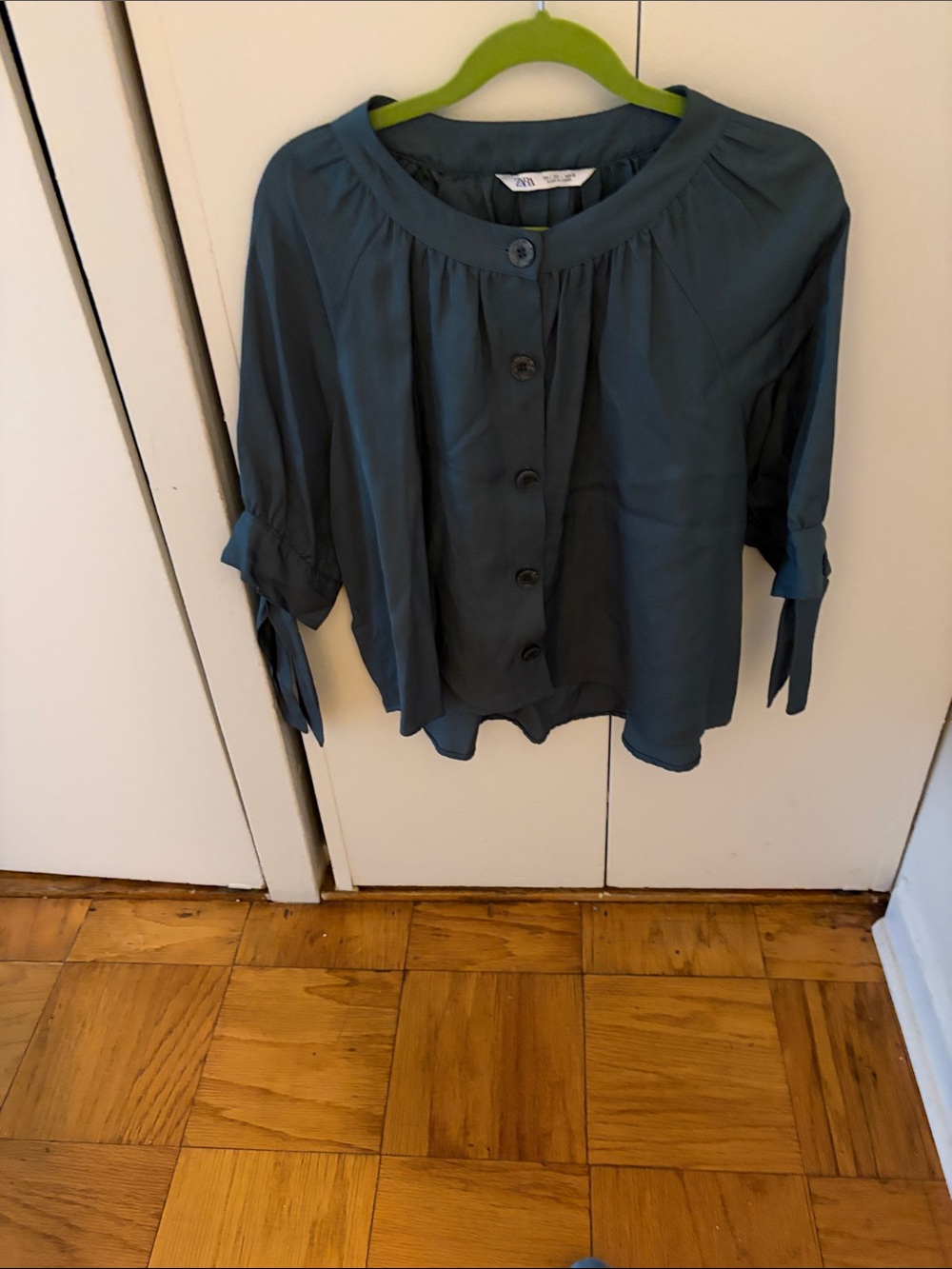 Zara Teal Button-Down 3/4 Sleeve Blouse